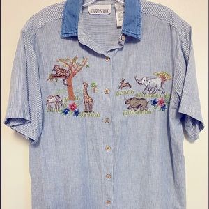 Vintage 90s denim collar safari animal print button up shirt jacket grannycore